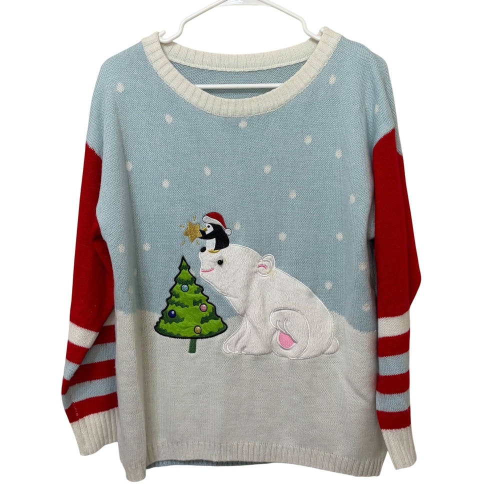 Womens Polar Bear Penguin Christmas Tree Shimmer Sweater Light Blue Red Large